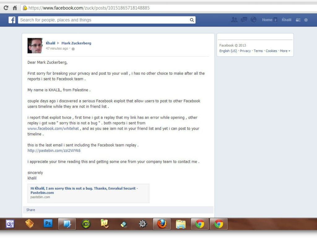 Conta de Zuckerberg no Facebook invadida (Reprodução/http://khalil-sh.blogspot.ru)