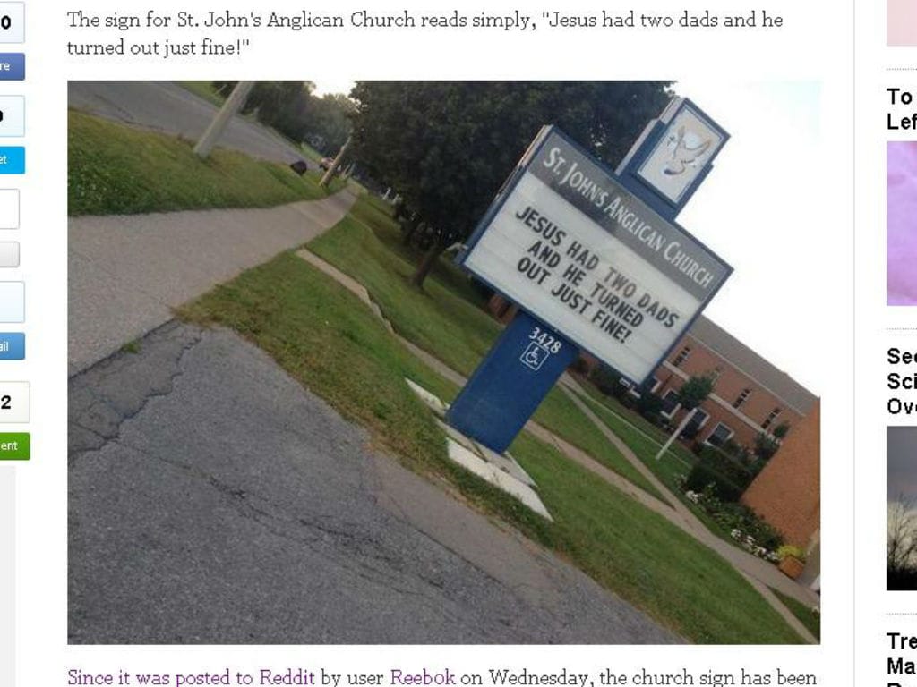 Mensagem de uma igreja contra homofobia (Reprodução/The Huffington Post)