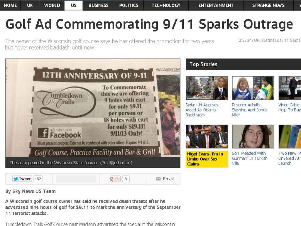 Anúncio de promoção de comemoração do 11 de setembro (Reprodução/SkyNews)