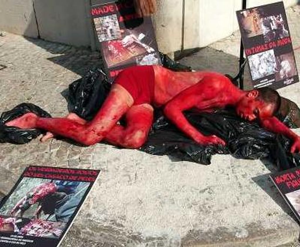 Acção simbólica em Lisboa frente à Embaixada da China, país que lidera a produção mundial de peles