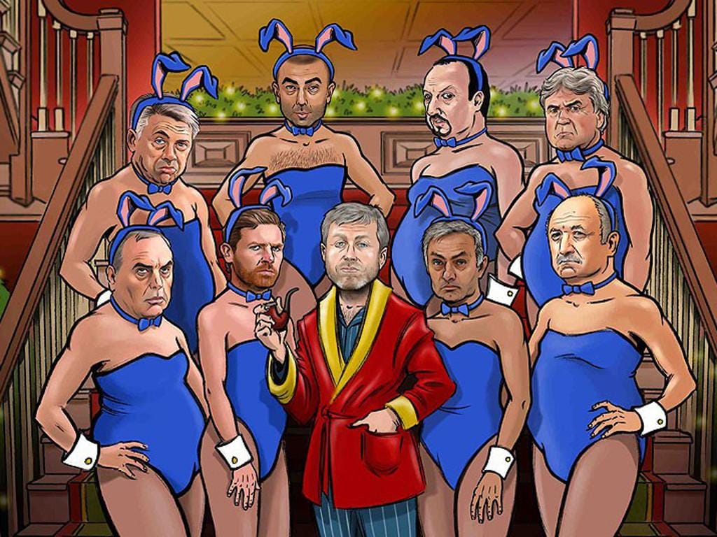 Roman Abramovich e as suas coelhinhas, perdão, treinadores: Ancelotti, Di Mateo, Benítez, Hiddink, Avram Grant, Villas-Boas, Mourinho e Scolari