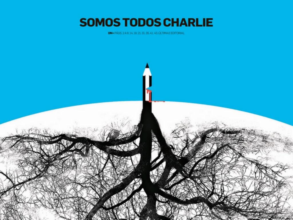 Ilustração de André Carrilho «Somos todos Charlie» para o «Diário de Notícias» (Reprodução)
