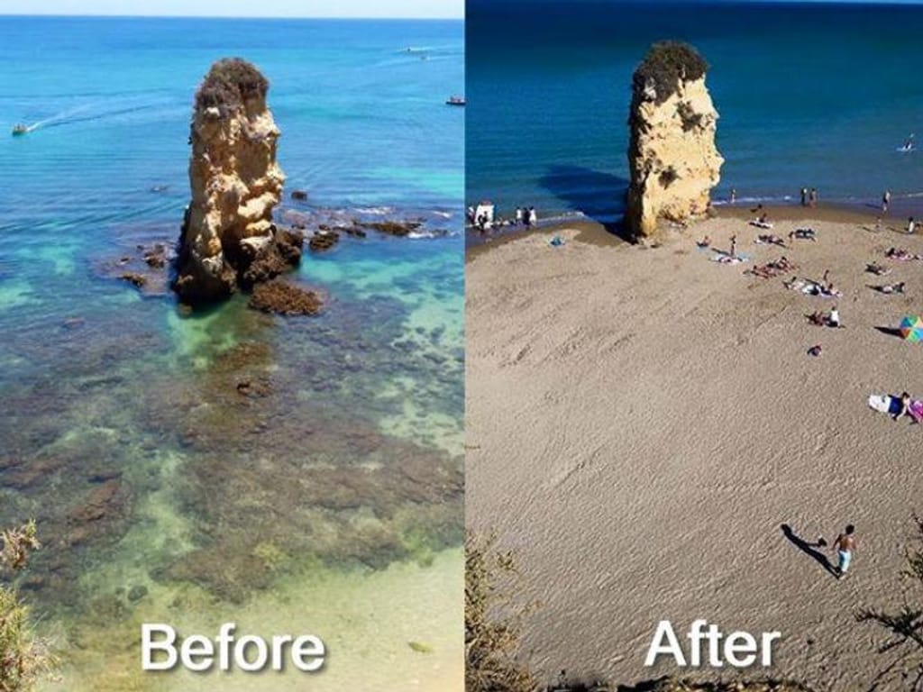 Praia Dona Ana - antes e depois (Reprodução Facebook)