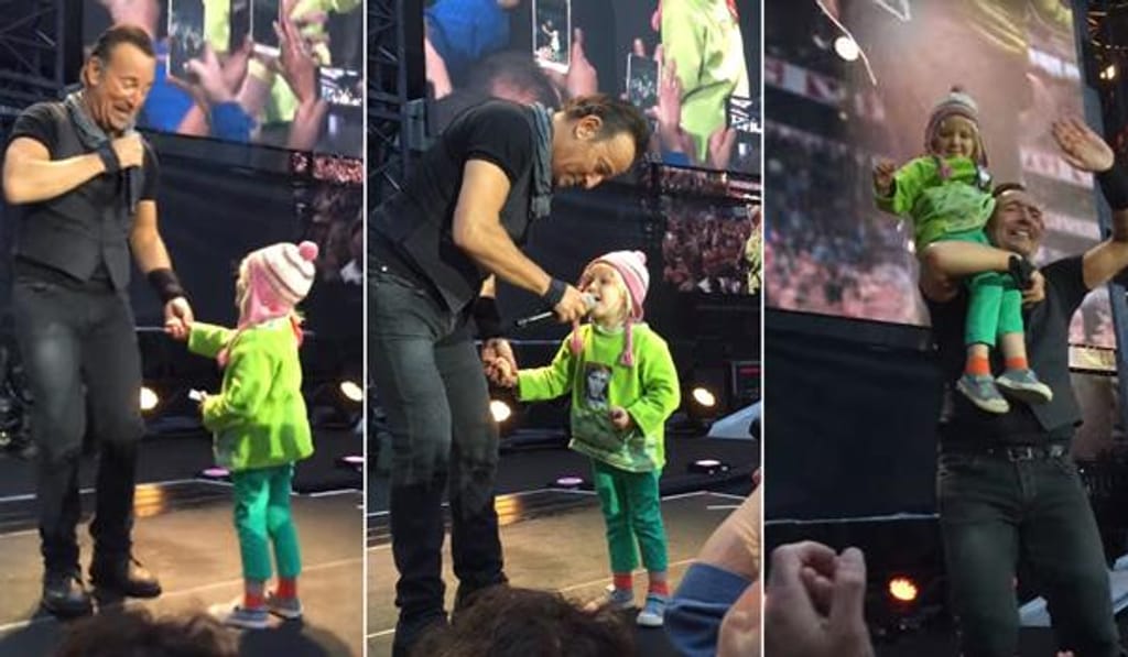 Momento ternurento de Bruce Springsteen e uma menina de 4 anos ao palco, em Oslo