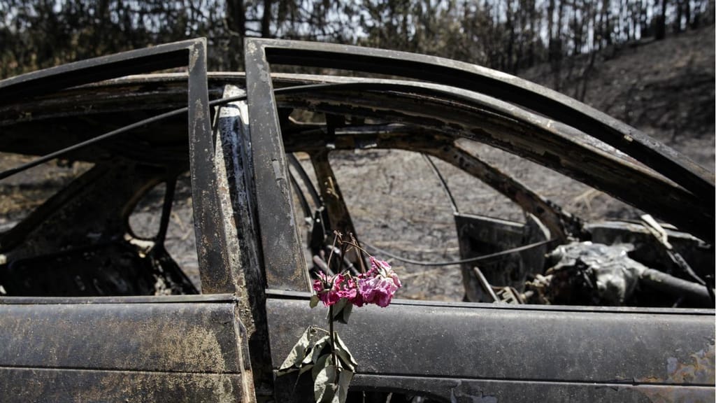 Uma flor colocada na porta de um carro ardido em Nodeirinho, em Vila Facaia, devido ao incêndio de Pedrógão Grande