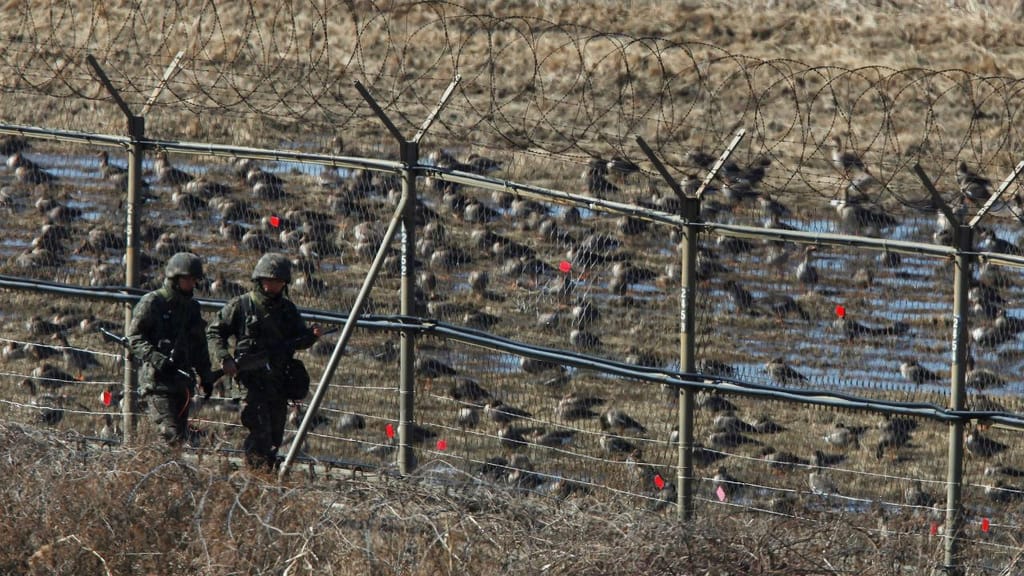 Dois militares sul-coreanos, na zona desmilitarizada, na fronteira com a Coreia do Norte