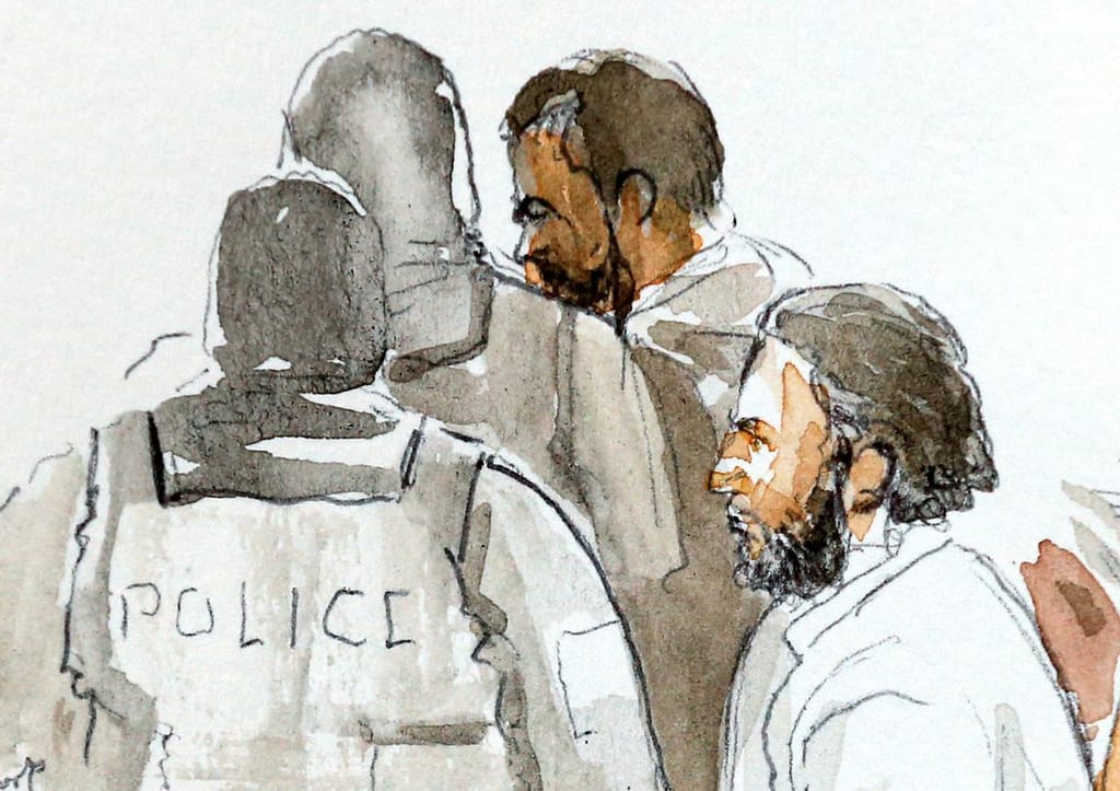 Caricatura de Salah Abdeslam em tribunal
