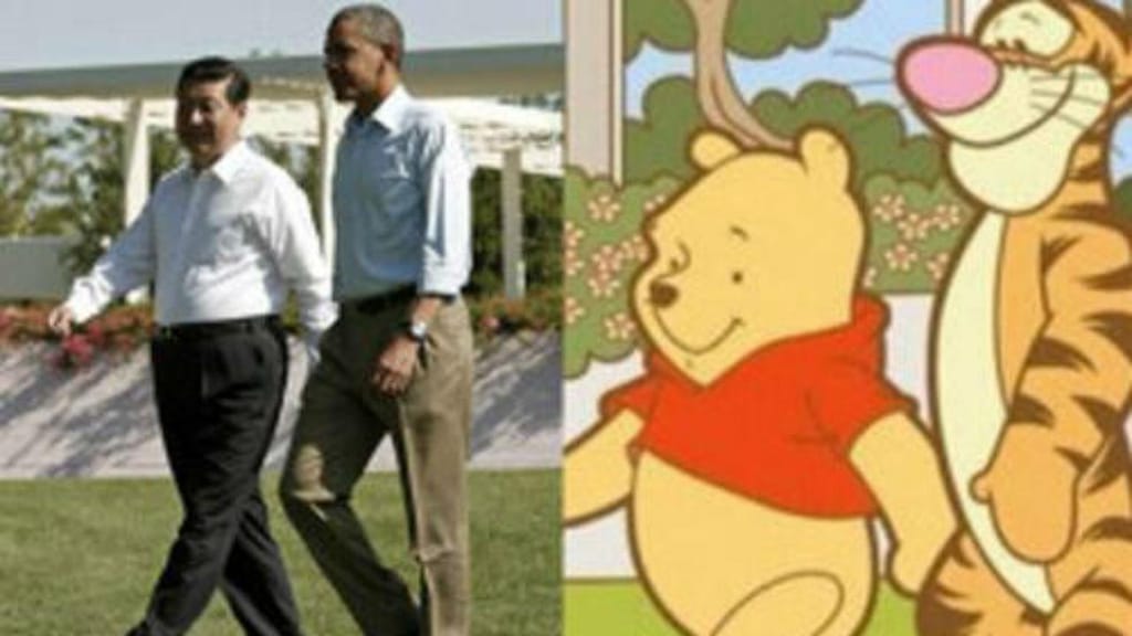 Representação que compara fotografia do presidente chinês com Obama comparada com imagem do urso com o amigo Tigger