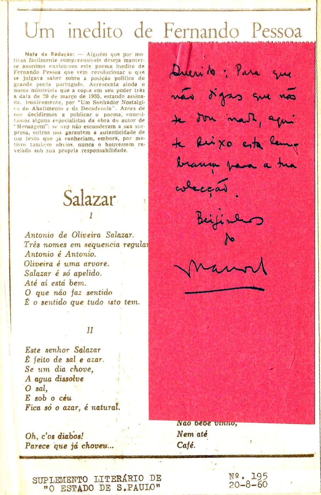 Arquivo Ephemera: poemas de Fernando Pessoa (1960)