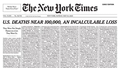 "Não são meros nomes numa lista. São todos nós": o New York Times homenageia as 100 mil mortes nos EUA - TVI
