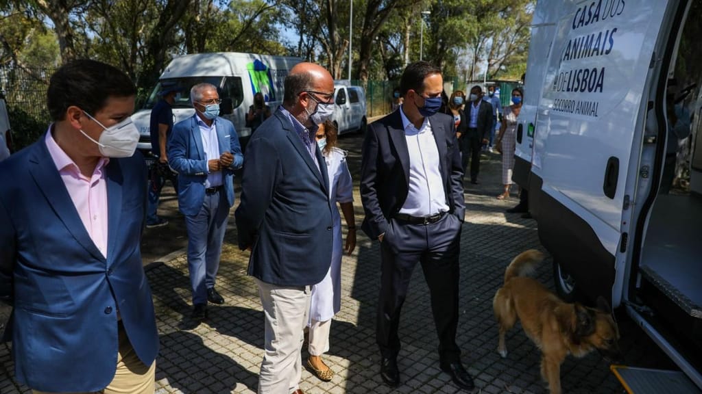 O ministro do Ambiente, João Pedro Matos Fernandes, acompanhado pelo presidente da Câmara Municipal de Lisboa, Fernando Medina, durante uma visita à Casa do Animal