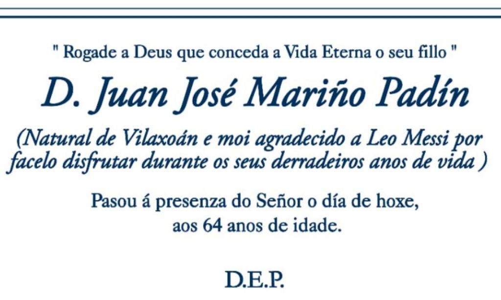 Juan José Mariño deixa agradecimento a Messi no seu obituário (twitter)