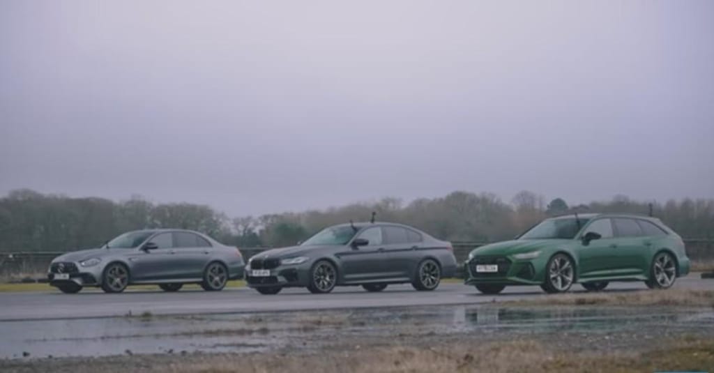 Drag race BMW M5 vs Audi RS6 vs Mercedes-AMG E63 S ( Reprodução Youtube Carwow)