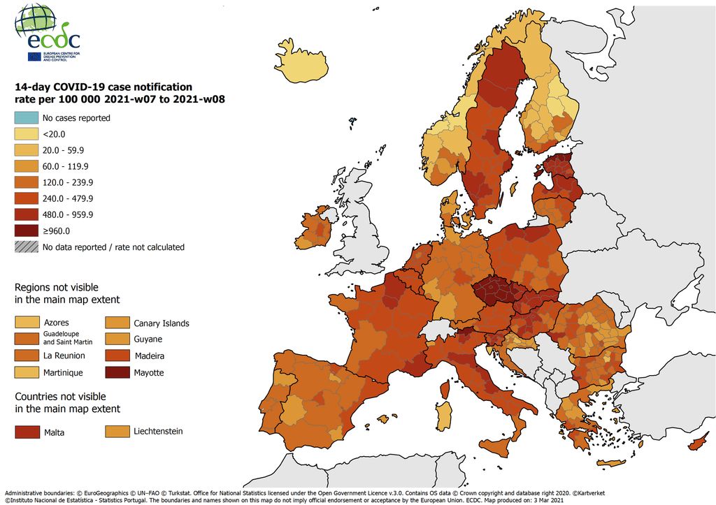Incidência de covid-19 nas regiões europeias