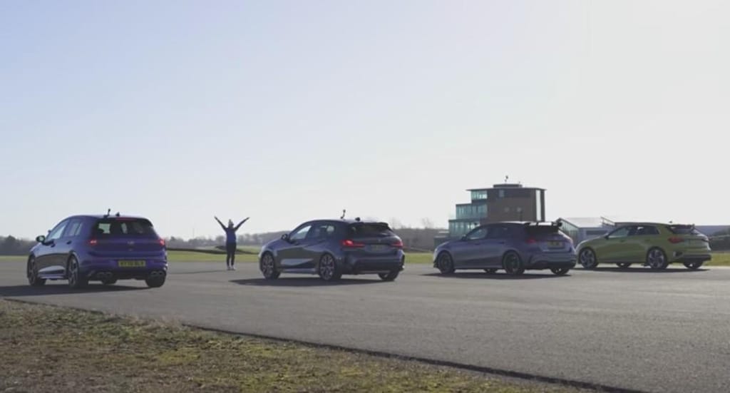 Drag race Golf R  vs Audi S3, BMW M135i e AMG A35 (Reprodução Youtube Carwow)