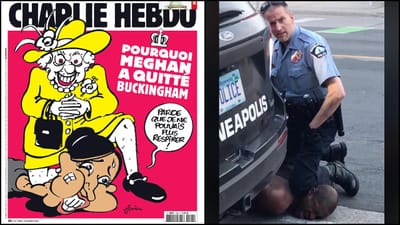Capa do Charlie Hebdo gera polémica com Isabel II a asfixiar Meghan como se fosse Floyd - TVI