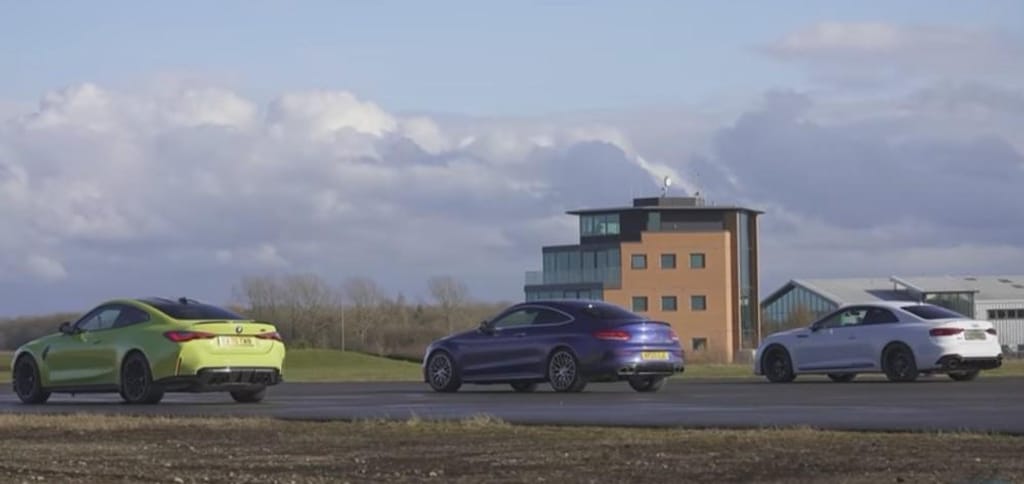 Drag race BMW M4 Vs Mercedes-AMG C63 e Audi RS5 (Reprodução Youtube Carwow)