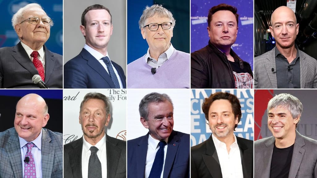 Da esquerda para a direita, de cima para baixo: Warren Buffett, Mark Zuckerberg, Bill Gates, Elon Musk, Jeff Bezos, Steve Ballmer, Larry Ellison, Bernard Arnault, Sergey Brin, Larry Page.