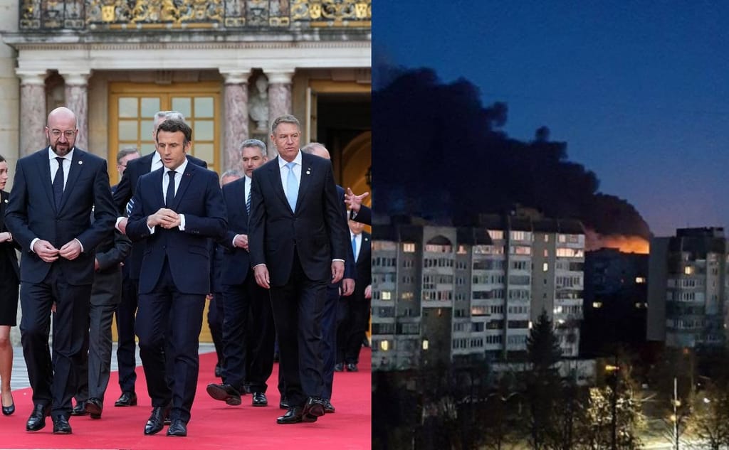 À esquerda, Macron e Charles Michel caminham no Palácio de Versailles, à direita: explosão captada na cidade de Lutsk (AP)
