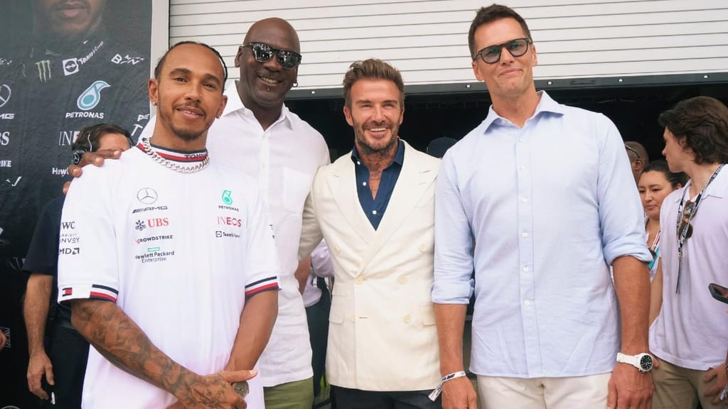 Lewis Hamilton, Michael Jordan, David Beckham e Tom Brady no GP de Miami (twitter/Tom Brady)