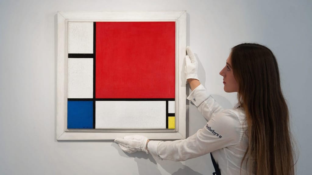 ‘Composição Nº II’ é uma das três únicas obras do artista a apresentar o quadrado vermelho dominante no canto superior direito. (Imagem Sotheby's)