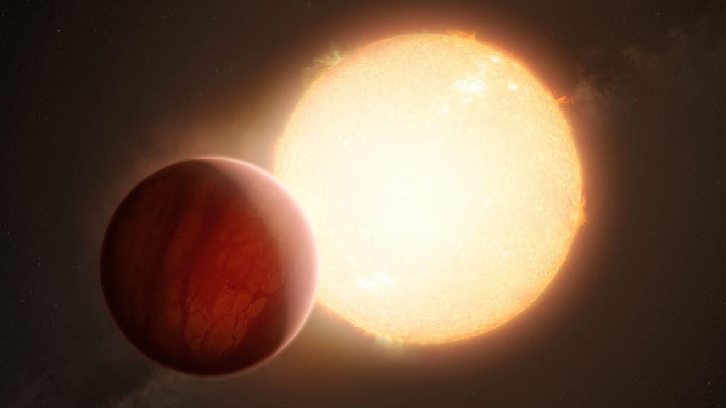 A visão de um artista mostra o aspeto de um exoplaneta ultraquente antes de passar à frente da sua estrela. Quando a luz estelar atravessa a atmosfera do gigante gasoso, os astrónomos conseguem identificar elementos específicos. M. Kornmesser/Observatório Europeu do Sul