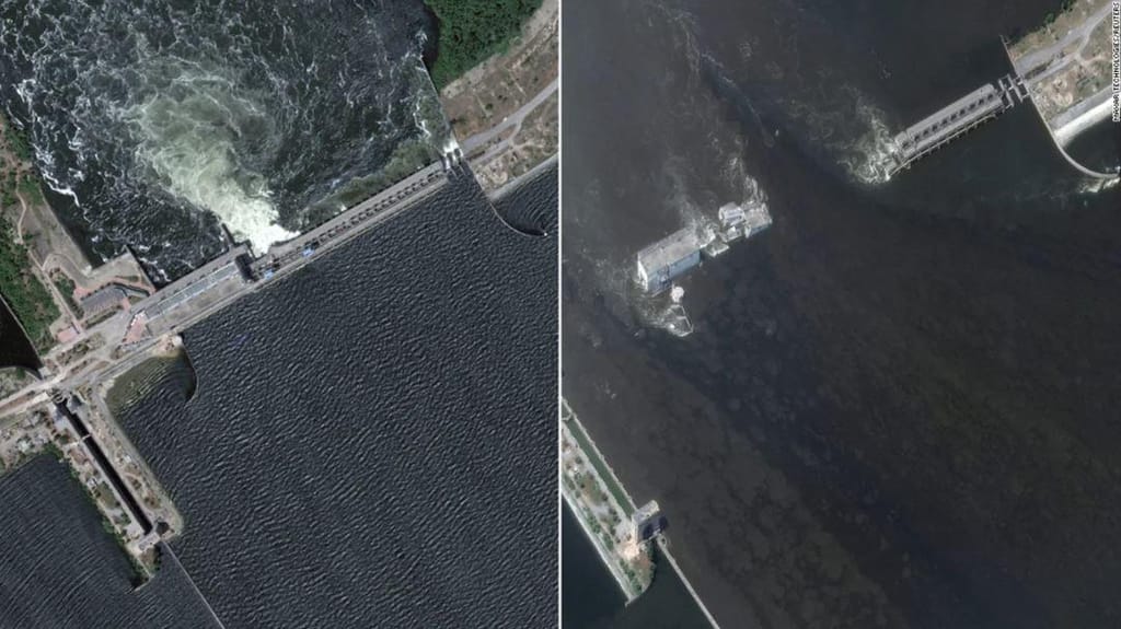 Imagens de satélite da barragem de Nova Kakhovka antes do seu colapso (à esquerda, a 5 de junho) e depois do desastre (à direita, a 7 de junho). Maxar Technologies/Reuters