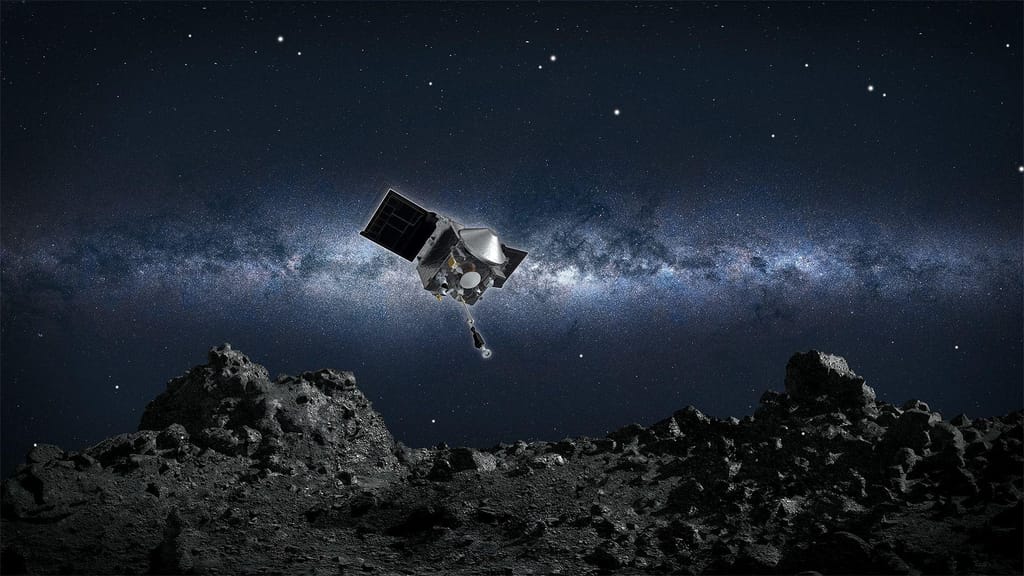 Uma ilustração mostra a nave espacial OSIRIS-REx a descer em direção à superfície rochosa do asteroide Bennu. NASA/Goddard/Universidade do Arizona