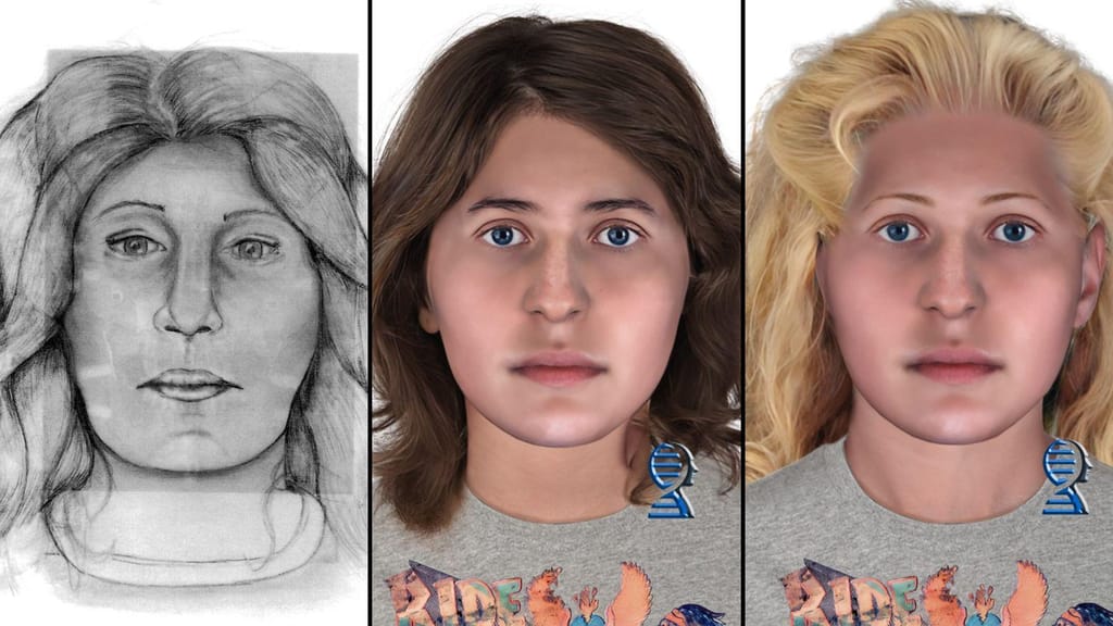 Um esboço e desenhos com base no ADN mostram estimativas do possível aspeto da vítima de 1992 (Riverside County DA)