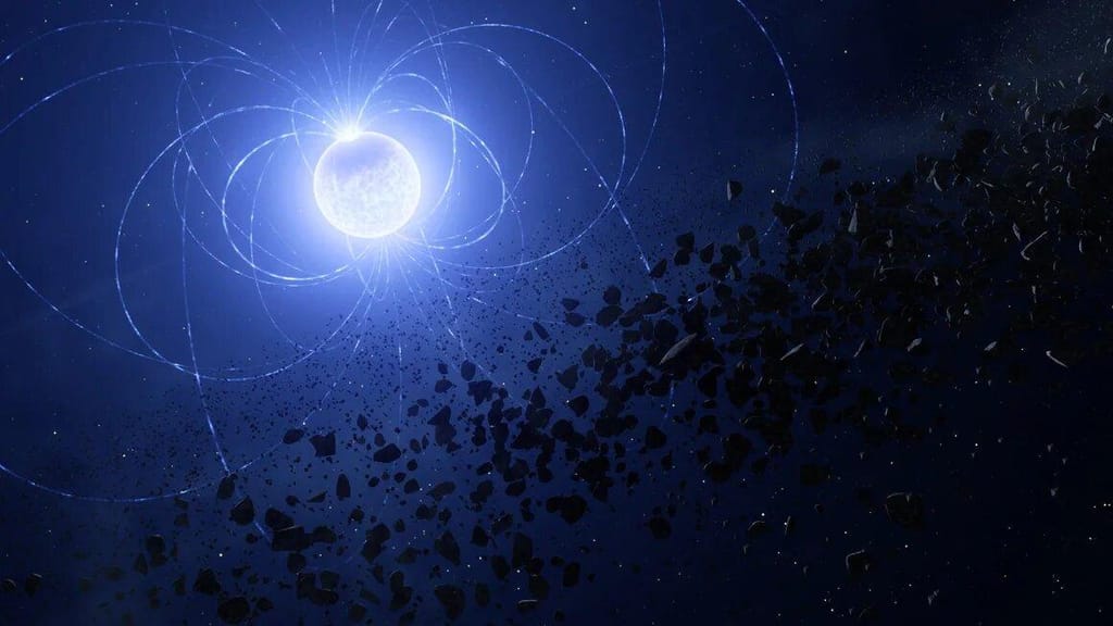 A impressão de um artista mostra uma estrela anã branca morta e o seu campo magnético, que é normalmente invisível, mas que é mostrado em laços à volta da estrela. A área escura perto de um dos pólos da estrela é uma cicatriz metálica que ficou depois de a estrela ter consumido um fragmento planetário. (L. Calçada/ESO)