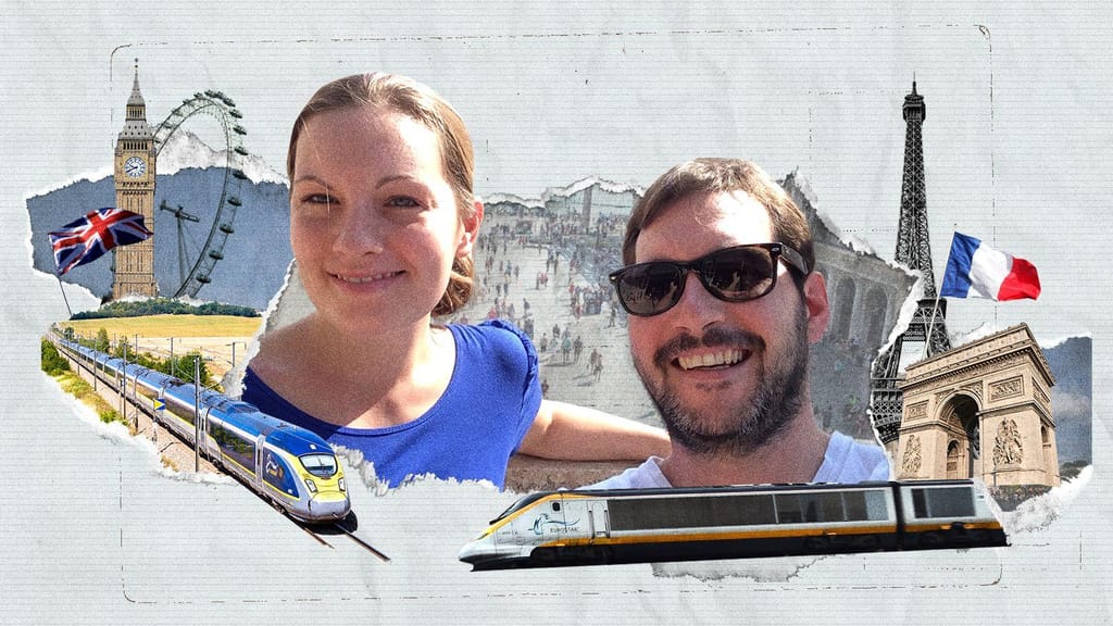Saphia, do Reino Unido, e Sylvain, de França, conheceram-se no comboio Eurostar que fazia a ligação entre Londres e Paris em 2012 e apaixonaram-se. Ilustração de Alberto Mier/CNN/Saphia e Sylvain/Getty Images