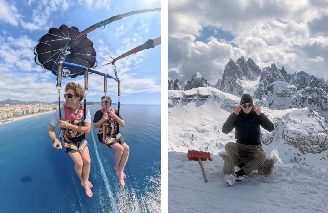 Bennett, à esquerda, e Crowley fizeram parasailing junto à costa de Nice, em França. Nas Dolomitas, um italiano da região convidou-os a dar uma volta na sua mota de neve. Os dois aceitaram e Crowley deixou a cadeira de rodas para trás. @twomates1chair