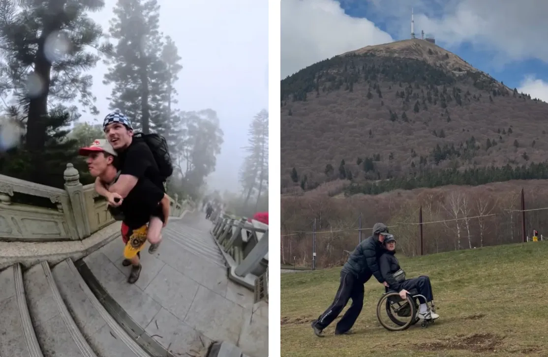 Bennett subiu os 268 degraus até ao Grande Buda de Hong Kong com Crowley às cavalitas. Os dois amigos, ambos de 20 anos, encontraram formas de visitar locais que, normalmente, são inacessíveis a quem usa cadeira de rodas. Na imagem da direita, os dois em Bordéus, França. (@twomates1chair)