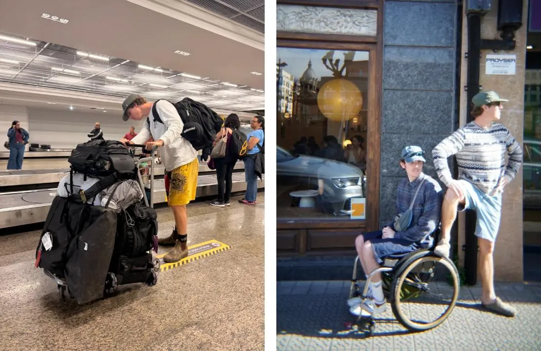 Carregar malas pesadas quando o cansaço já se fazia sentir foi um dos pequenos contratempos para Bennett, que garante que "vale sempre a pena". As únicas situações em que os dois sentiram verdadeiramente alguma limitação foram à entrada de algumas lojas com degraus ou desníveis. Bennett entrava para comprar alguma coisa para comer, enquanto Crowley esperava cá fora. Na foto, em Bilbau, Espanha. (@twomates1chair)