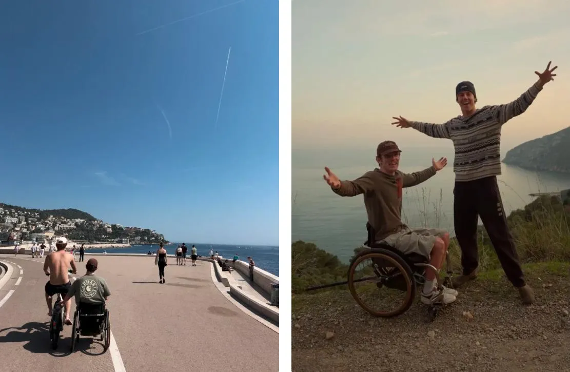 Crowley percorreu a Riviera Francesa na cadeira de rodas, agarrado à bicicleta elétrica conduzida por Bennett. Os dois amigos chegaram ao topo de montanhas, atravessaram picos cobertos de neve e viveram aventuras repletas de adrenalina. Na imagem à direita, em Orbetello, Itália. (@twomates1chair)